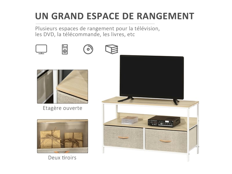  Meuble tv bas sur pieds style industriel 2 tiroirs en tissu gris bois naturel et métal blanc  - Conforama E