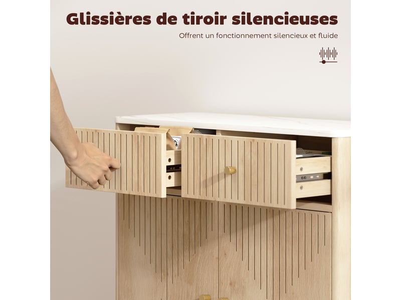 Buffet, meuble de rangement cannelé avec plateau effet marbre, 2 tiroirs, 2 portes, étagère réglable, chêne, 77x30x80cm - Conforama E