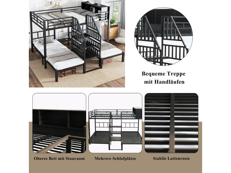  Lit superposé noir en fer 90x200 et 140x200 cm, 3 couchages avec escalier à mains courantes et rangement en hauteur  - Conforama D