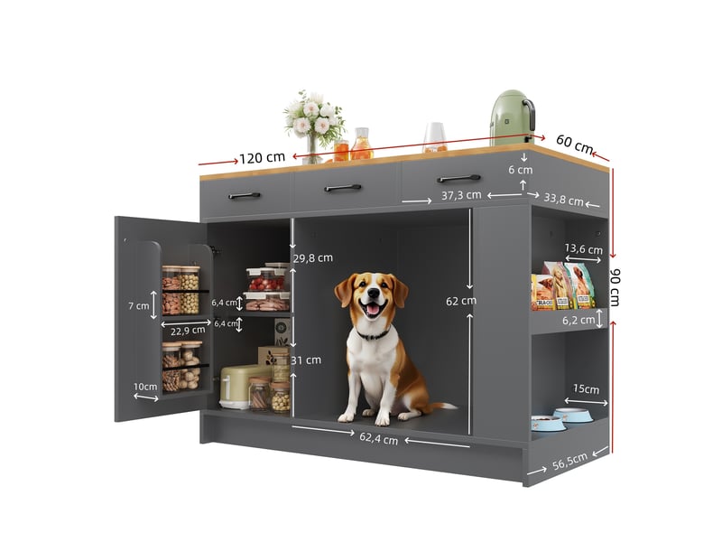 Îlot de cuisine 120x60x90 cm avec 3 tiroirs, rangement réglable, mdf, naturel et gris  - Conforama C