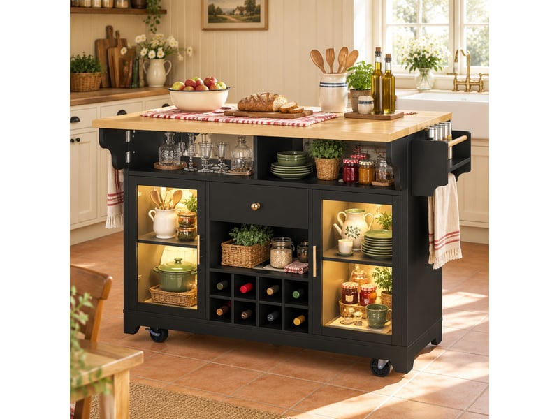  Desserte de cuisine pliable avec led rgb et rangement - lpospi - étagères réglables mdf noir 120 × 80 × 95 cm  - Conforama B