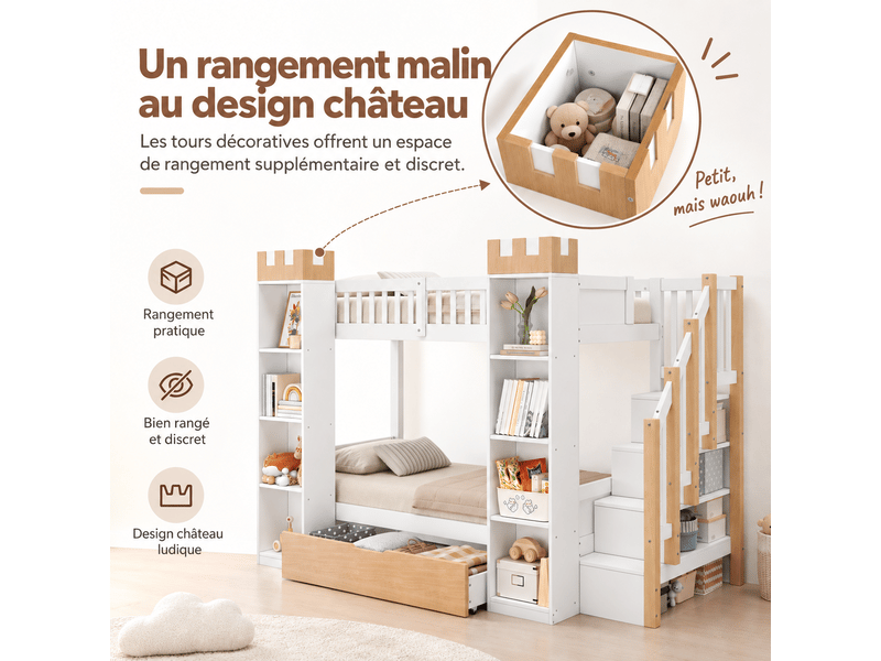 Lit superposé enfant 90x200 cm - avec 1 tiroir, barrières de sécurité et escalier de rangement - blanc et naturel (sans matelas) - Conforama W