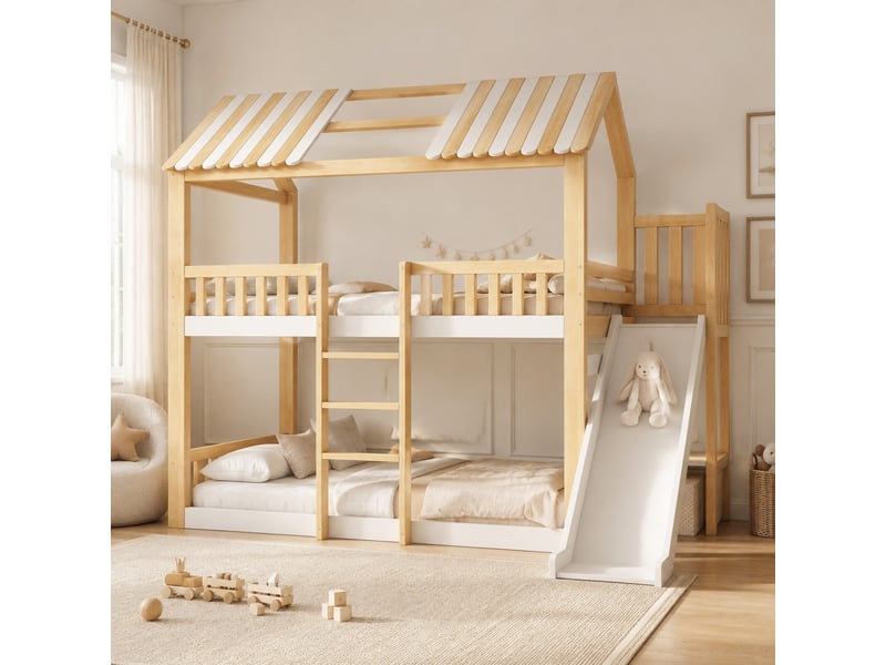  Lit superposé enfant 90 x 200 cm blanc et naturel avec toit à pignon, étagère et toboggan  - Conforama D
