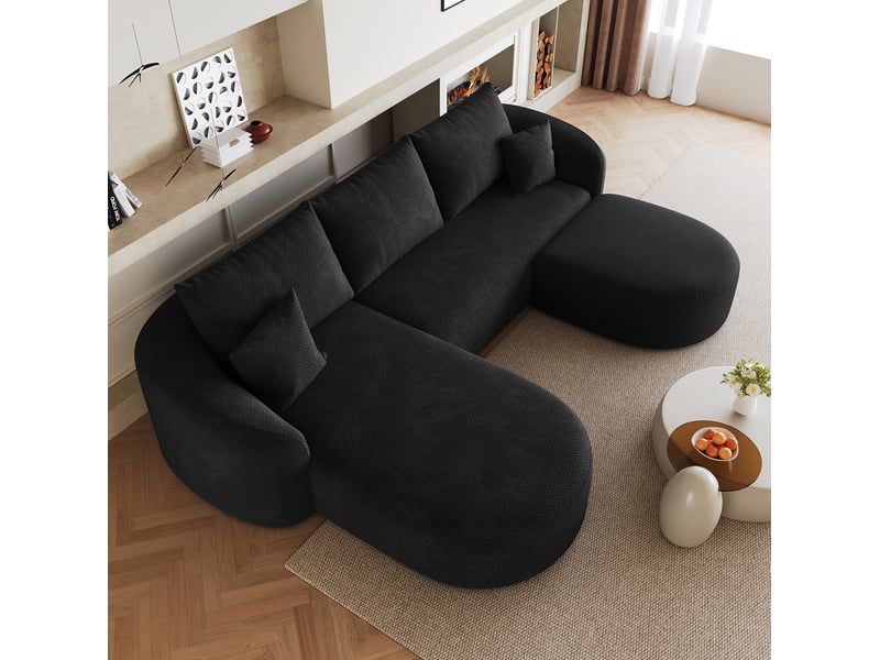  Canapé d'angle panoramique en u 5 places 266x168 cm en chenille noir  - Conforama E