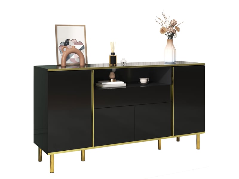  Sideboard 150x40x80 cm, finition brillante, 4 portes, 1 tiroir, mdf et panneau de particules, noir  - Conforama B