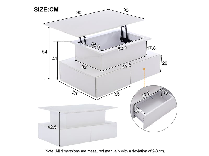  Table basse, avec éclairage led, avec 4 tiroirs, 90 x 55 x h 41–54 cm, blanc, rangement pratique, structure en panneau de particules, finition laquée Luxe haut de gamme - Conforama C