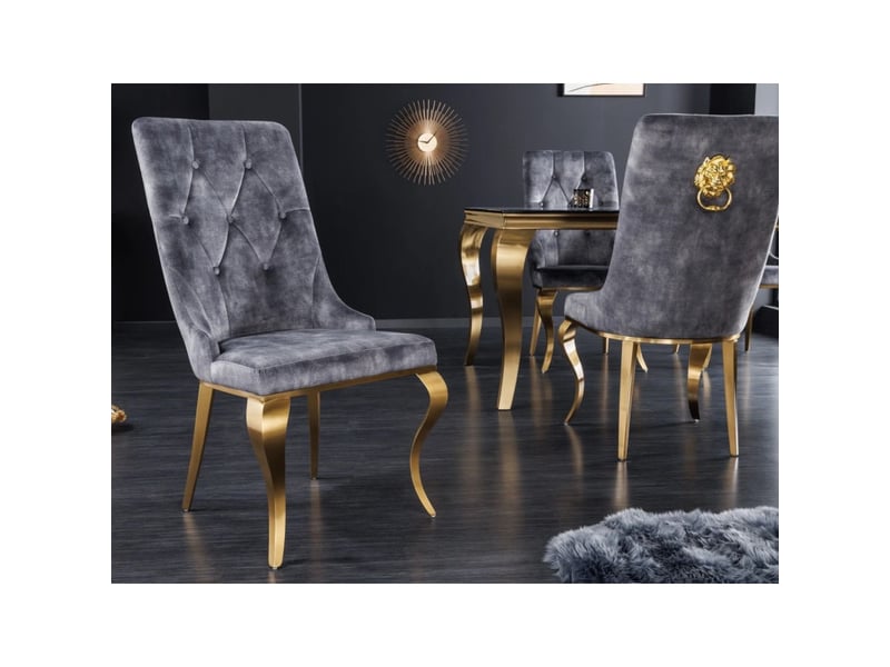  Lot de 2 chaises baroques velena en velours gris capitonné avec pieds dorés et tête de lion  - Conforama B