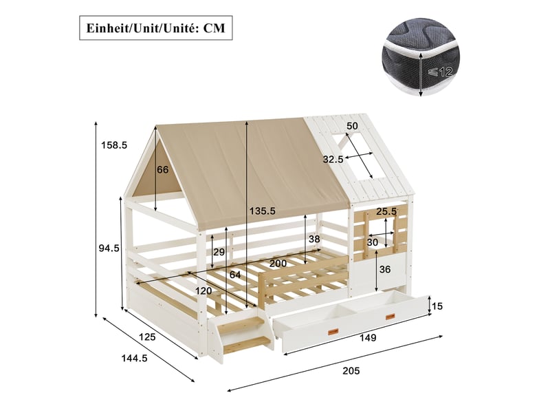  Lit cabane enfant 120x200 cm, toit tissu amovible, fenêtres de toit et latérale, grand tiroir, barrières tout autour, bois, blanc Bliss Lite - Conforama C