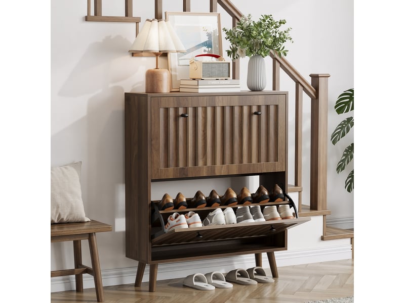  Meuble à chaussures 80 x 24 x 95 cm – noyer – 2 compartiments basculants à étagères réglables  - Conforama B