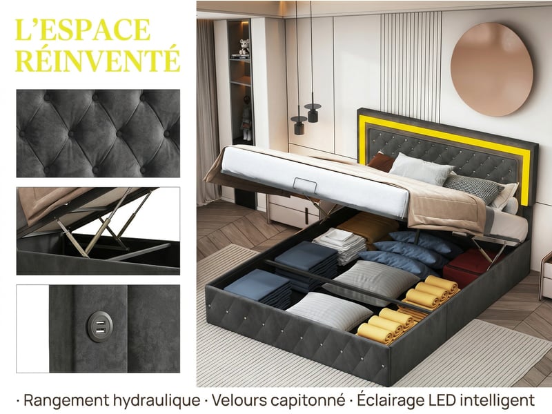  Lit coffre 140 x 200 cm avec tête de lit - led, usb et rangement  - Conforama D