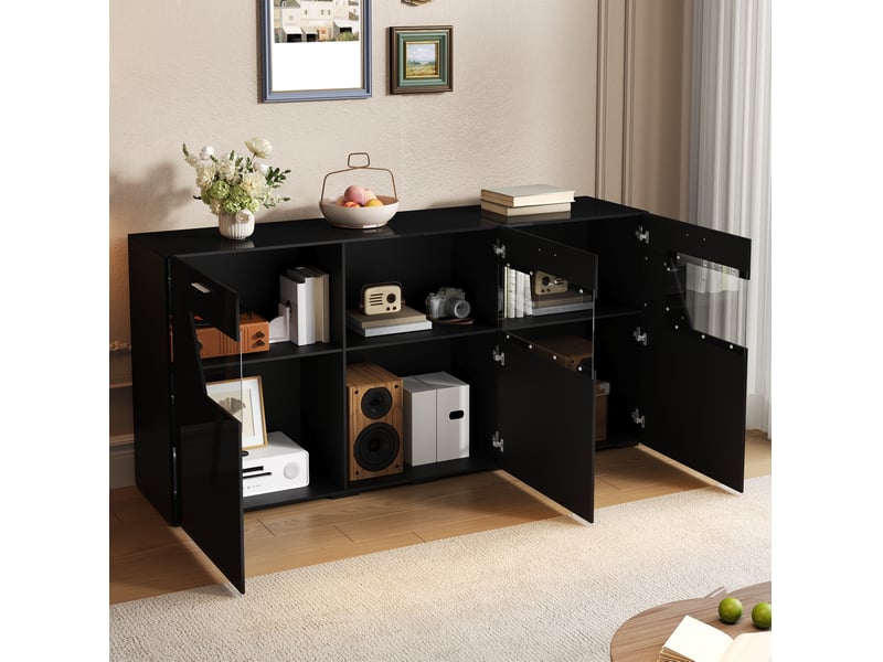 Buffet 3 portes 6 compartiments avec led pilotée par application 160x38x78 cm noir - Conforama B