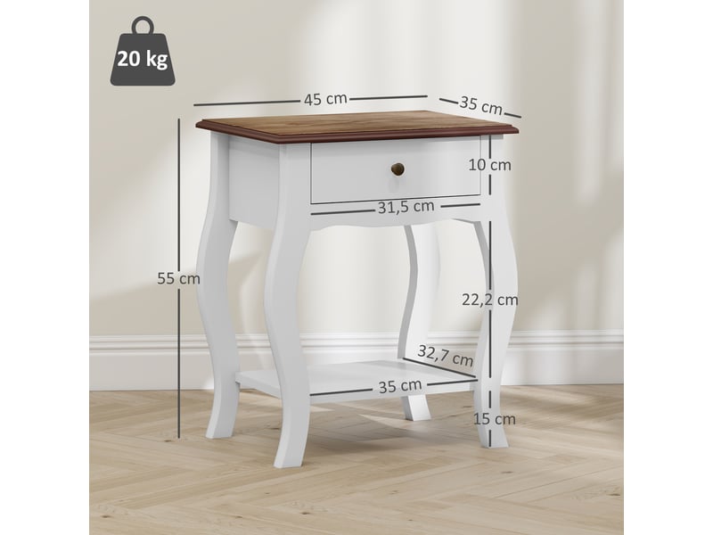  Lot de 2 tables de chevet avec tiroir, étagère ouverte et plateau effet chêne, style français, 45 x 35 x 55 cm, blanc et chêne  - Conforama E