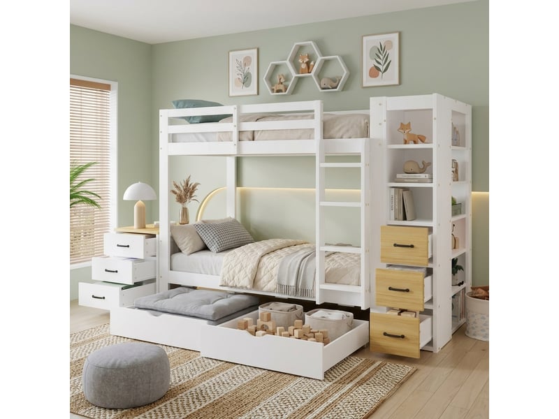  Lit superposé enfant 90 x 200 cm en bois, 2 tiroirs, meuble de rangement latéral, chevet mobile, échelle, blanc evarich - Conforama E