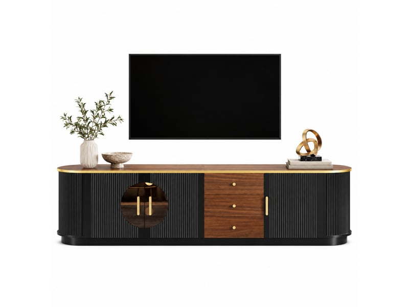  Meuble tv bas ovale luxe 180x40x46 cm en mdf noir avec verre brun, poignées aluminium, bords arrondis, rainures verticales et tiroirs  - Conforama A