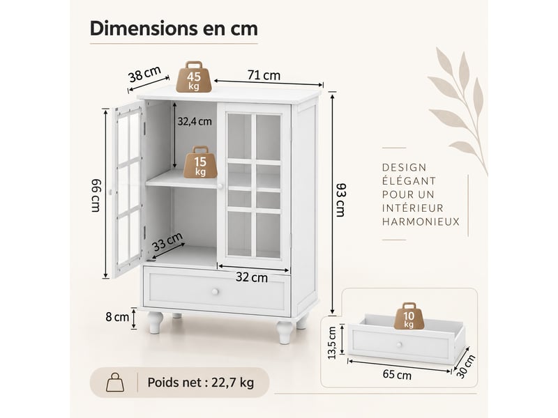  Buffet 38x71x93 cm avec portes en verre trempé, tiroir bas, étagères réglables, poignées et pieds bois, blanc  - Conforama C