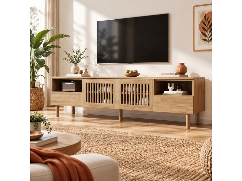 Meuble tv mdf avec 2 portes grillagées, 2 tiroirs, niches ouvertes et passe-câbles pour salon, 180×40×51 cm - Conforama C