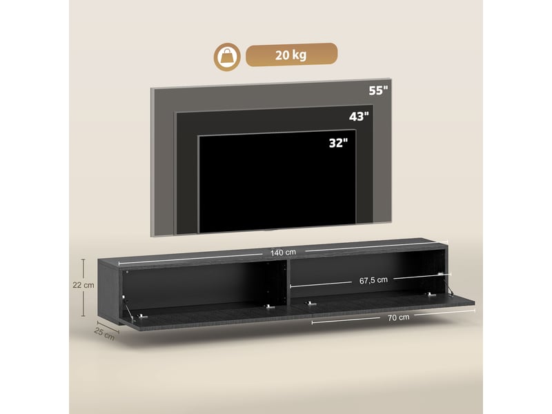  Meuble tv suspendu 2 portes rabattables en mdf noir 140 x 25 x 22 cm  - Conforama C