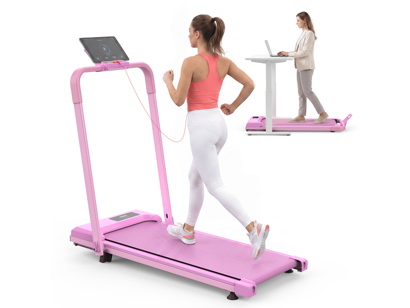  Tapis de course pliable 3 en 1 rose avec inclinaison réglable, connexion aux applications, charge 120 kg  - Conforama A