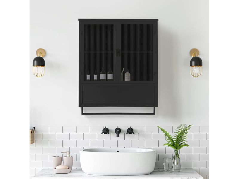  Armoire murale 2 portes vitrées avec niche ouverte et porte-serviettes pour salle de bain, noir, 60 × 23 × 78 cm  - Conforama B