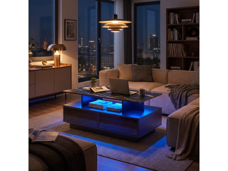  Table basse moderne effet marbre, noire, à deux niveaux avec 2 tiroirs et niche ouverte, 90 x 50 x 41  - Conforama B