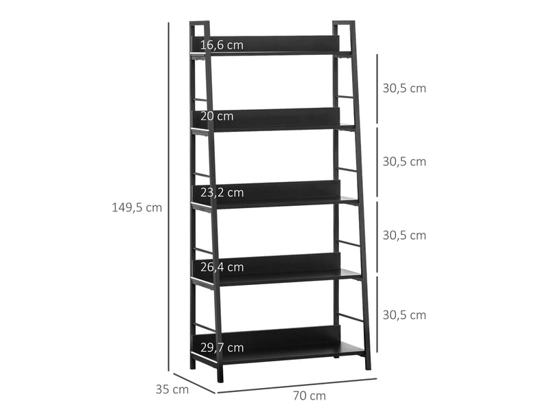  Étagère bibliothèque de rangement style industriel incliné 5 niveaux 70l x 35l x 150h cm noir  - Conforama E