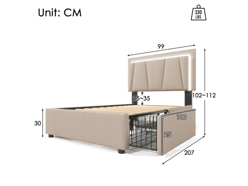  Lit enfant 90x200 cm – beige – led télécommandée, tête de lit réglable et 2 tiroirs, avec matelas  - Conforama C