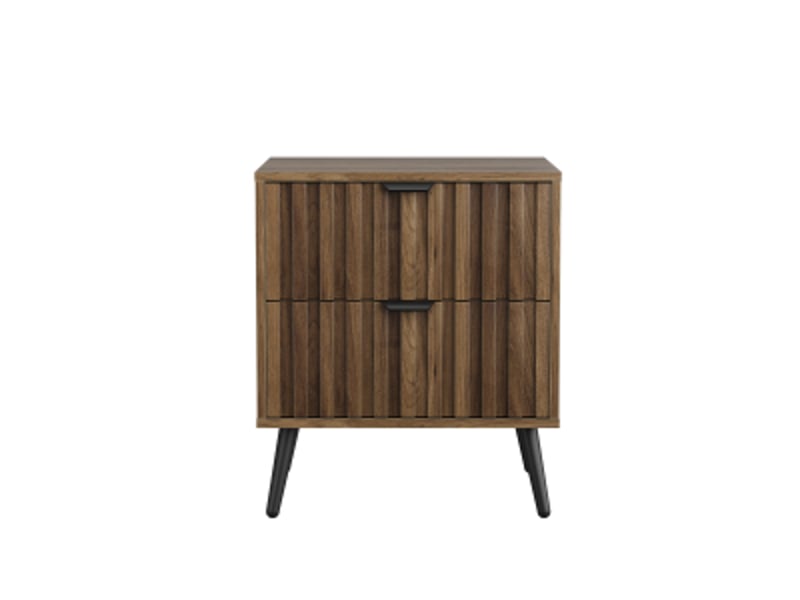  Table de chevet moderne à deux tiroirs, façades rainurées, pieds en métal noir, finition noyer, 45 x 40 x 53 cm  - Conforama A