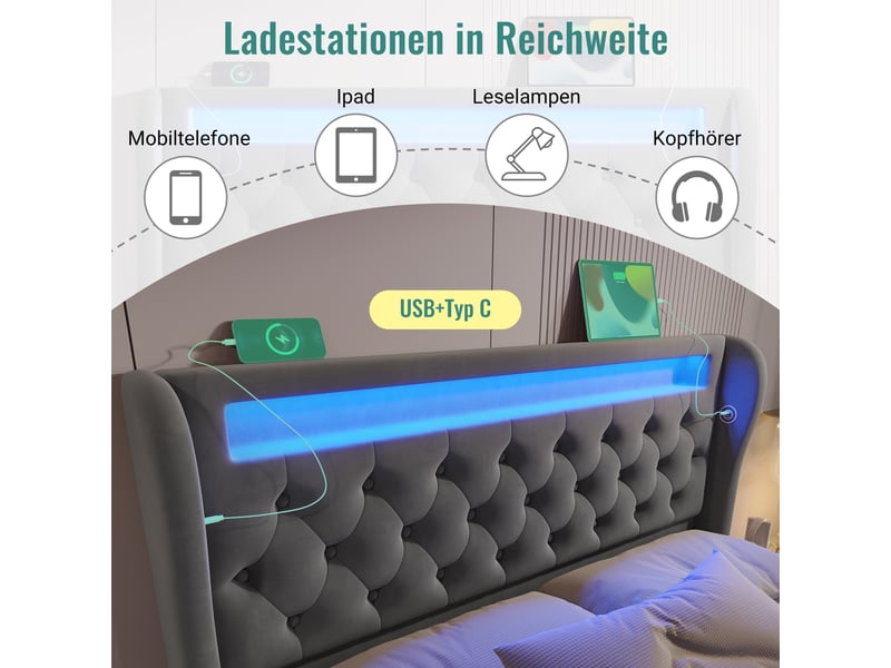  Lit coffre 160x200 velours gris avec matelas inclus, lit adulte led et rangement, tête de lit usb type-c, hydraulique RH-ABMA527273G - Conforama R