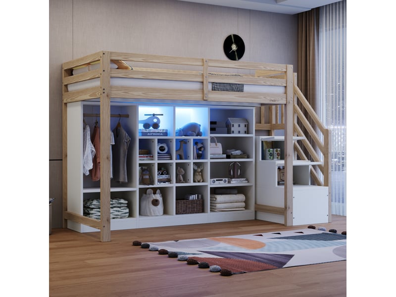 Lit mezzanine 90x200 cm, avec éclairage led, échelle latérale intégrée, armoire, espace de rangement, bois et mdf blanc naturel - Conforama E