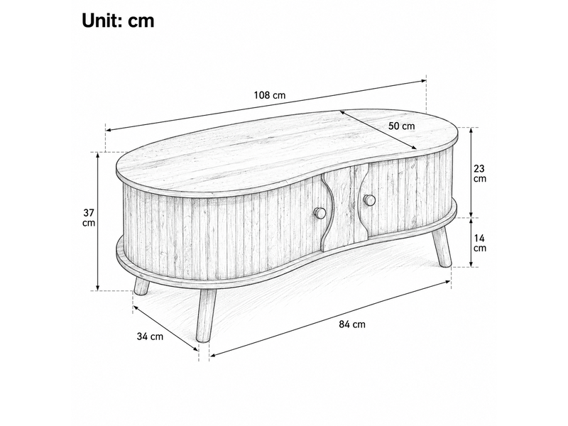 Table basse en forme de pois avec effet rainuré deux portes coulissantes piètement en bois massif et plateau en mdf aspect bois - Conforama C