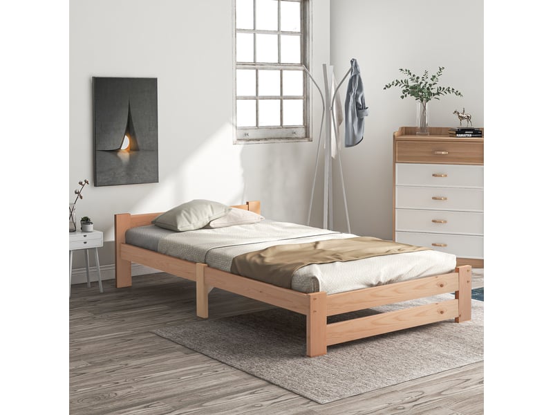  Lit simple 90x200 cm, solide lit en bois massif en avec tête de lit et sommier à lattes, naturel, lit adulte  - Conforama D