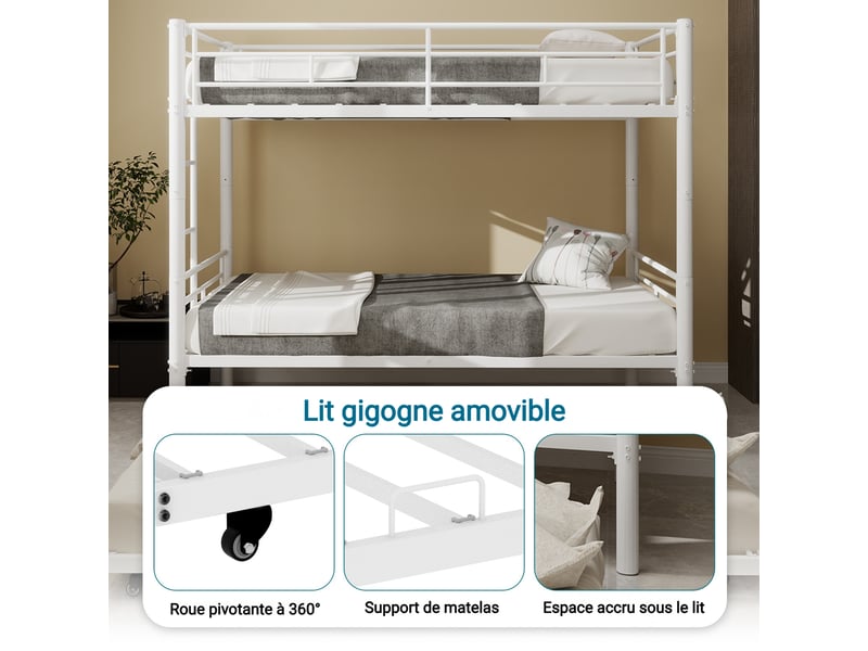  Lit superposé 3 places - 2x90x190cm + lit gigogne 90x180cm - métal blanc - sécurité renforcée  - Conforama B