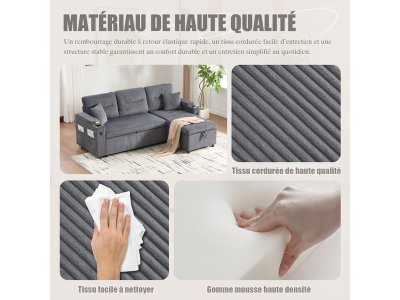 Canapé d'angle convertible 3 places,212.5x136x86cm,tiroir,porte-gobelets,usb-c,canapé-lit en velours côtelé avec méridienne rangement,gris carbone - Conforama D