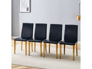 Chaises de salle à manger lot de 4 avec dossier ergonomique  - pieds métal, simili cuir noir et or