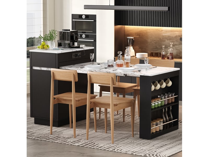 Table repas extensible sur roulettes avec led, prises et rangements noire evryae - Conforama D