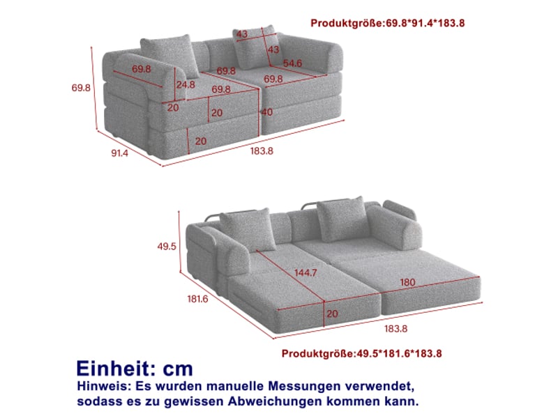  Canapé convertible en chenille 2-en-1 2 pièces avec rangement, structure métallique, design modulable, gain de place, multifonctionnel  - Conforama C