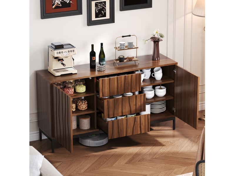  Buffet bas 150 cm effet chêne foncé – 3 tiroirs, 2 portes et étagères réglables  - Conforama B