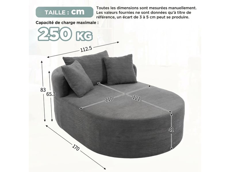 Fauteuil relax ovale en velours côtelé gris foncé sans montage - Conforama E