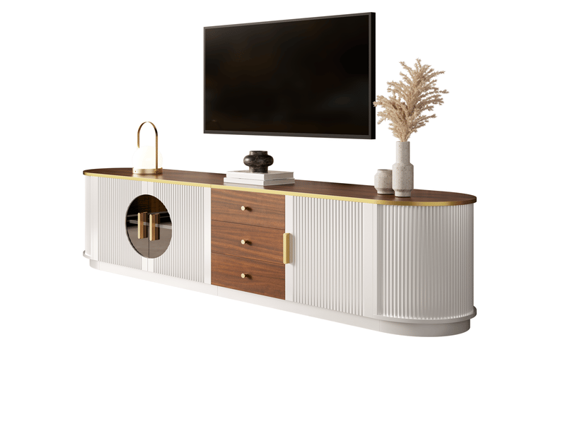  Meuble tv tcqpz 180 x 40 x 46 cm blanc en mdf avec rangement et gestion des câbles  - Conforama A