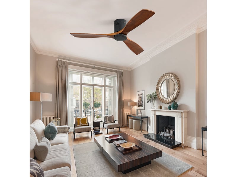  Ventilateur de plafond 132 cm noir en métal et bois, moteur dc réversible silencieux, télécommande, sans éclairage  - Conforama E