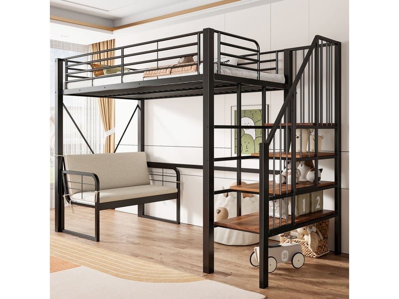  Lit mezzanine 90x200cm avec canapé et escalier de rangement - lit simple - métal noir, gain de place, design moderne  - Conforama A