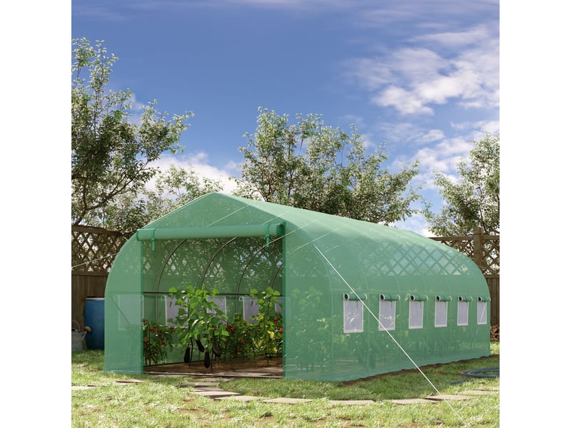  Serre tunnel extérieur 6x3x2 m, 12 fenêtres, porte enroulable zip métallique, plantes.  - Conforama D
