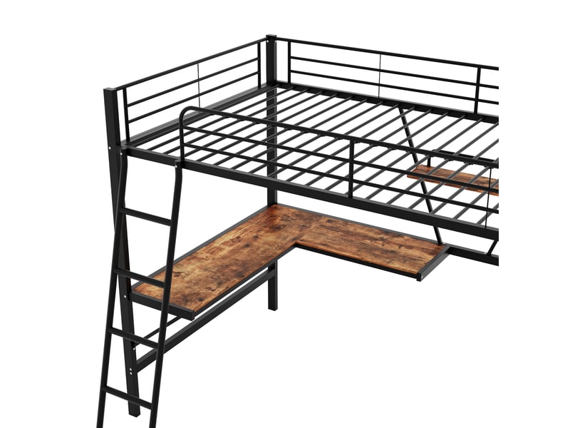  Lit mezzanine 90x200 cm avec bureau en l et étagère, structure métal, lit enfant et ado, noir  - Conforama E