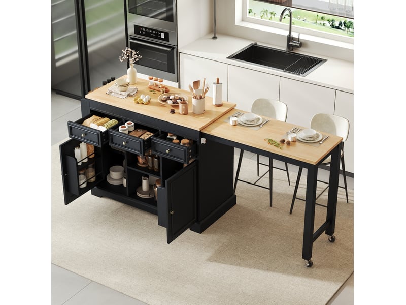  Desserte de cuisine avec 3 tiroirs, 2 portes, plateau extensible et roulettes noir et naturel 112 × 45 × 92 cm  - Conforama E