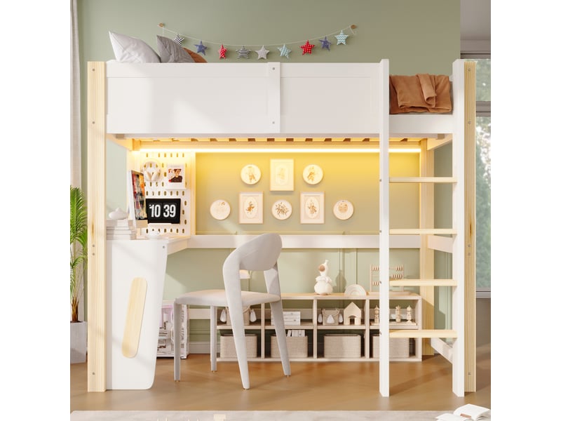  Lit mezzanine enfant 140x200 cm, bureau, panneau perforé, led multicolore, pin et mdf, naturel + blanc Radiant Stride - Conforama D