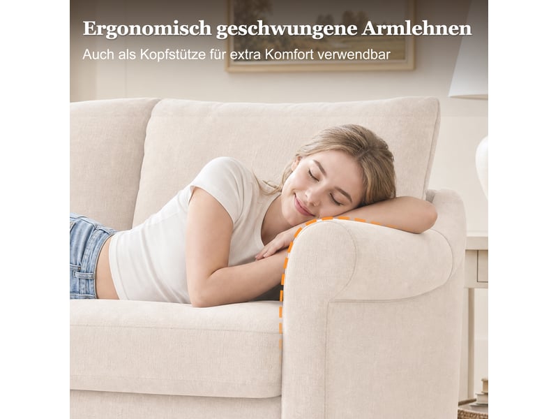  Canapé d'angle 5 places avec accoudoirs ergonomiques et assise à ressorts en chenille beige, 217 × 217 × 83 cm  - Conforama E