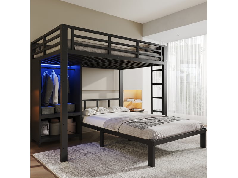 Lit superposé modenvie 2 couchages 120 x 200 cm avec armoire intégrée led métal noir - Conforama D
