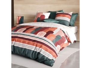 Parure housse de couette 260x240cm + 2 taies motif rétro terracotta et vert 100% coton - olga
