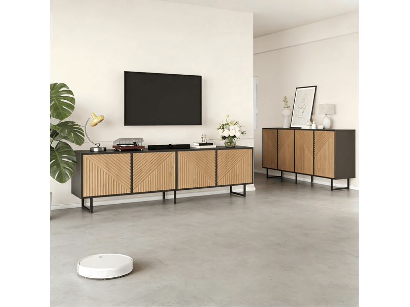  Meuble tv 180 x 40 x 50 cm en panneau de particules et métal avec rangement naturel et noir chicfurn  - Conforama B