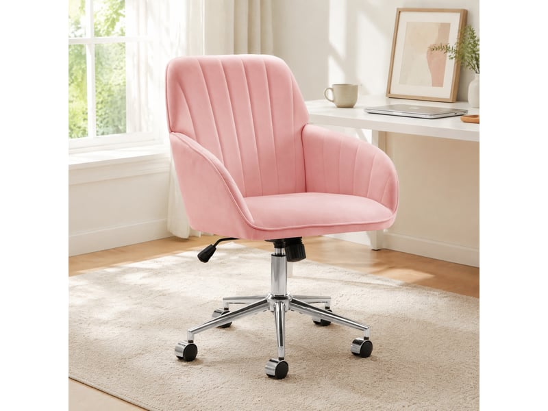  Chaise de bureau à hauteur réglable en velours rose - chaise de bureau ergonomique avec dossier  - Conforama D
